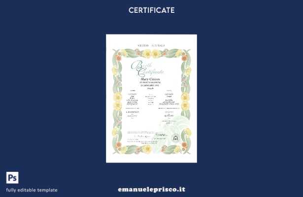 modello di certificato di nascita decorativo (commemorativo) dell'Australia occi